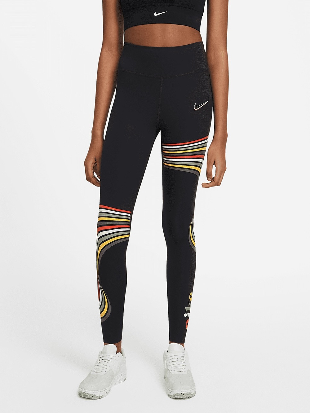 New Nike One Luxe Tight Fit Mid Rise Leggings Black Multicolor Graphic Print M